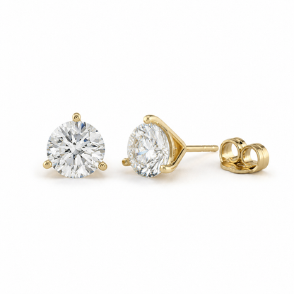Three claw martini lab grown diamond stud earrings in yellow gold