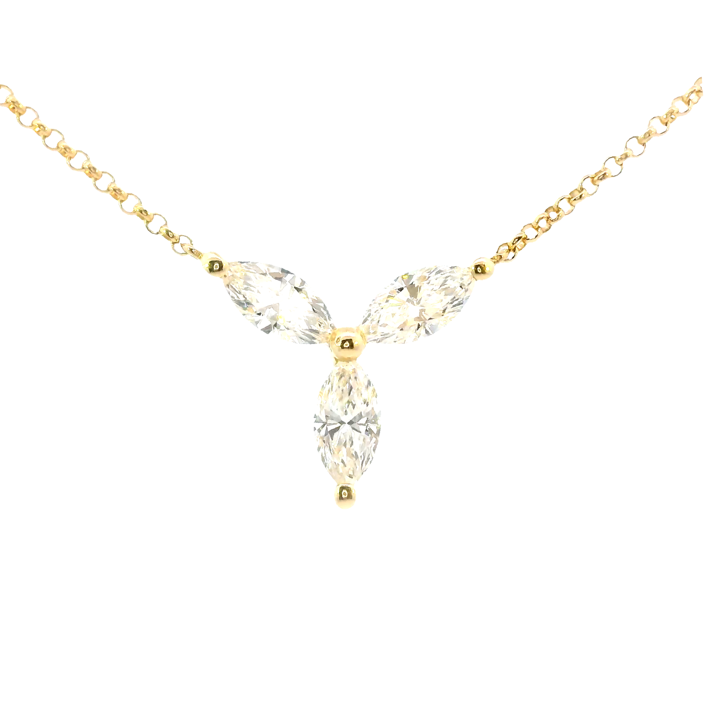 Gold necklace with a clear teardrop-shaped pendant on a white background