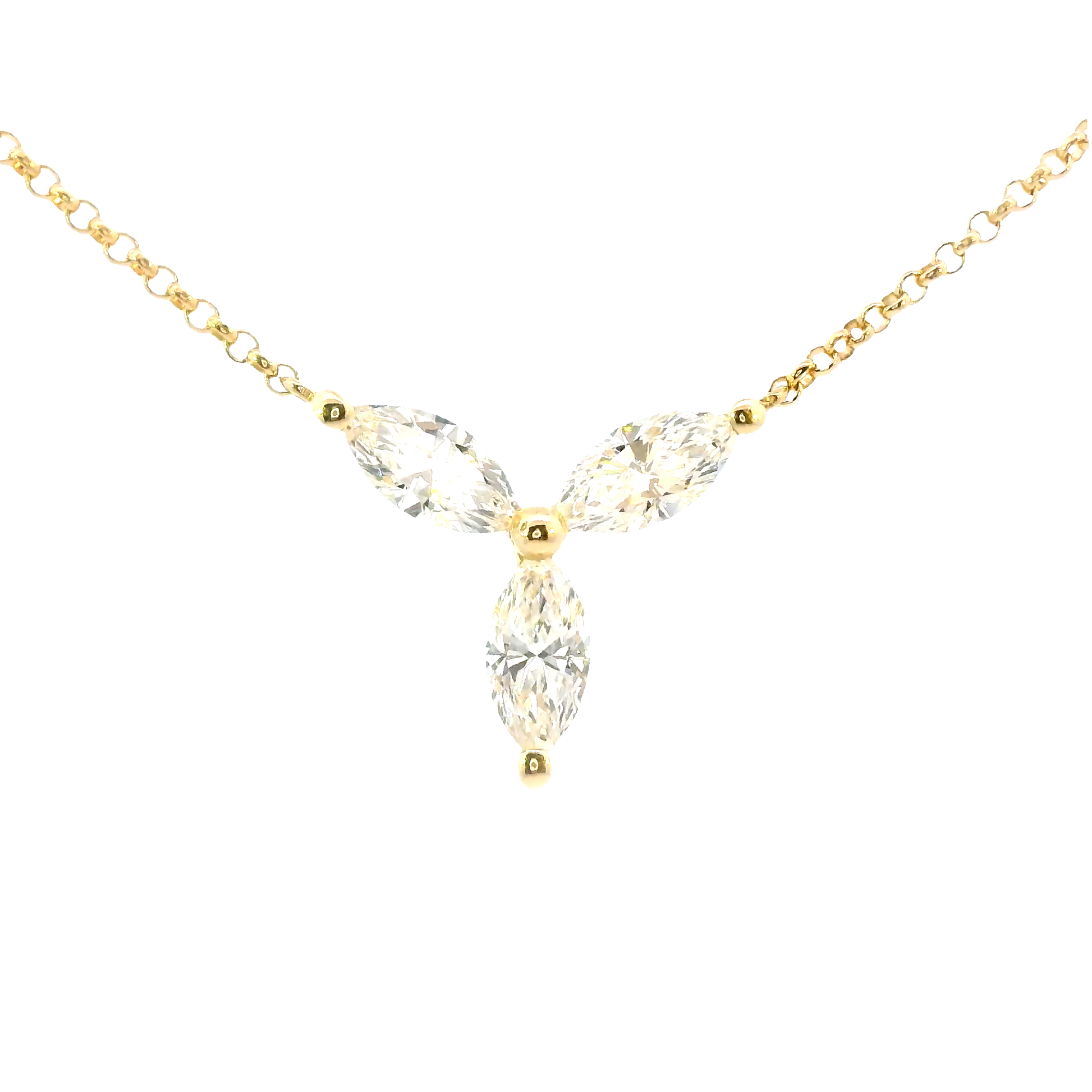 Gold necklace with a clear teardrop-shaped pendant on a white background