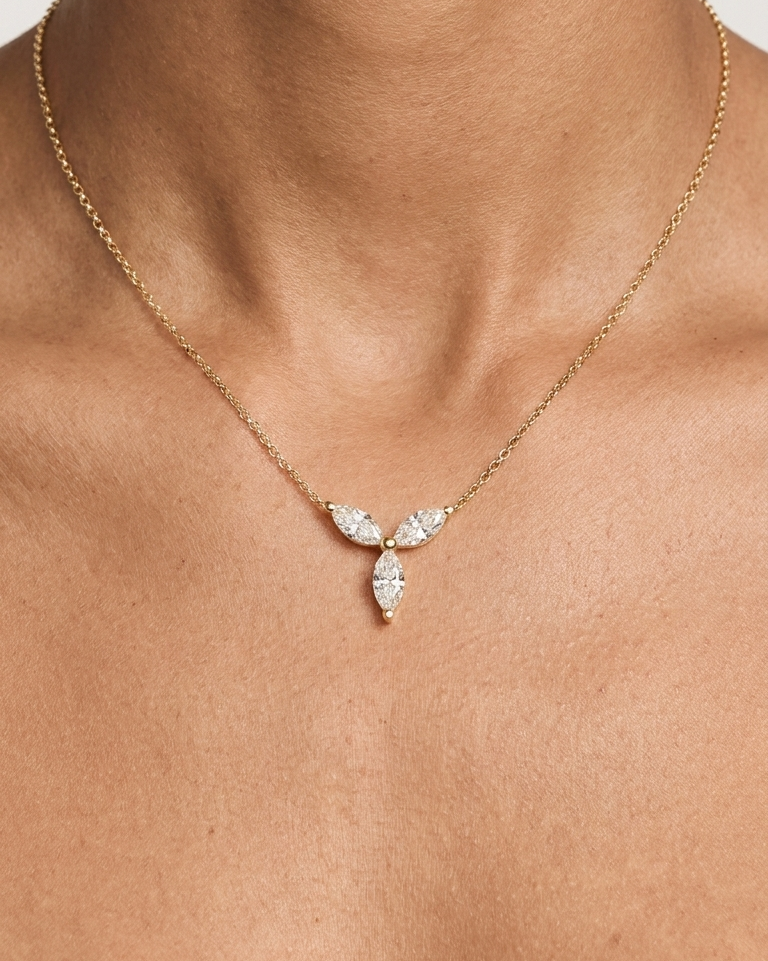 Neriah three marquise diamond pendant on yellow gold chain, Luma Jewellery