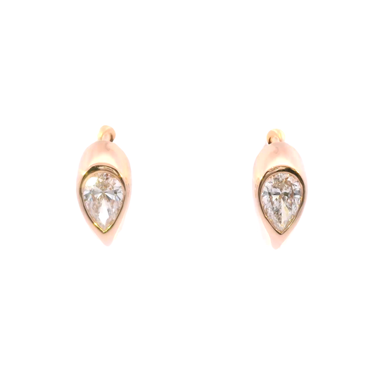Rose gold teardrop earrings with clear gemstones on a white background