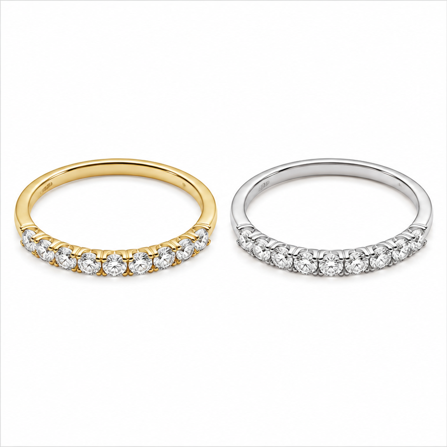 Nerisse round diamond half eternity ring top view in white gold