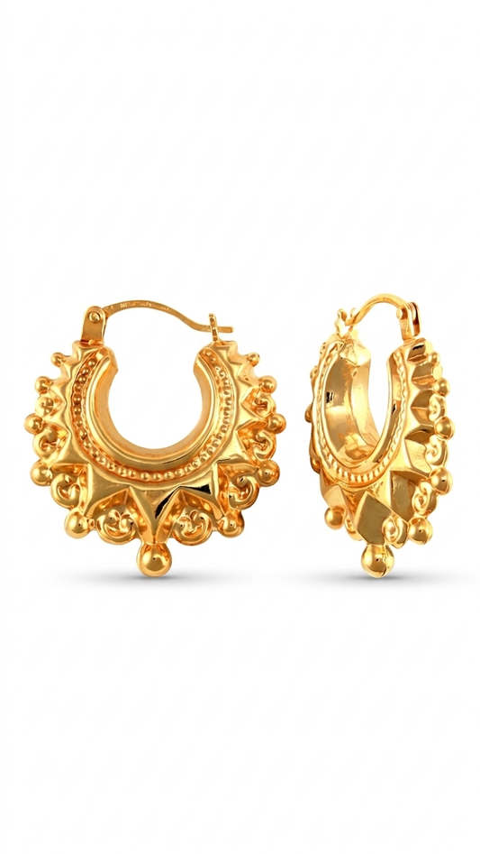 Oriana 9k yellow gold creole earrings with beaded edge detail on white, Luma Jewellery