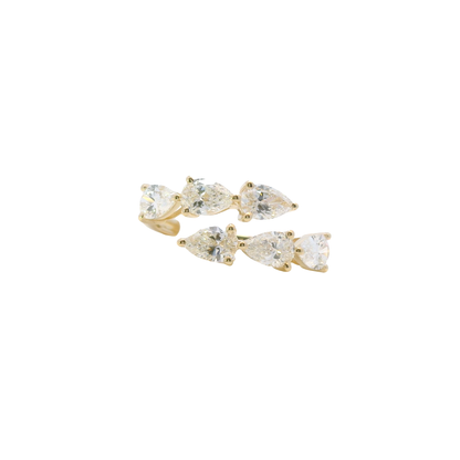 Pair of gold earrings with clear gemstones on a white background