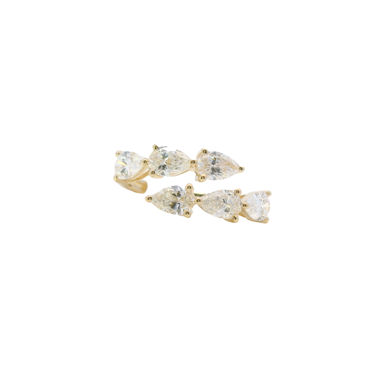 Pair of gold earrings with clear gemstones on a white background
