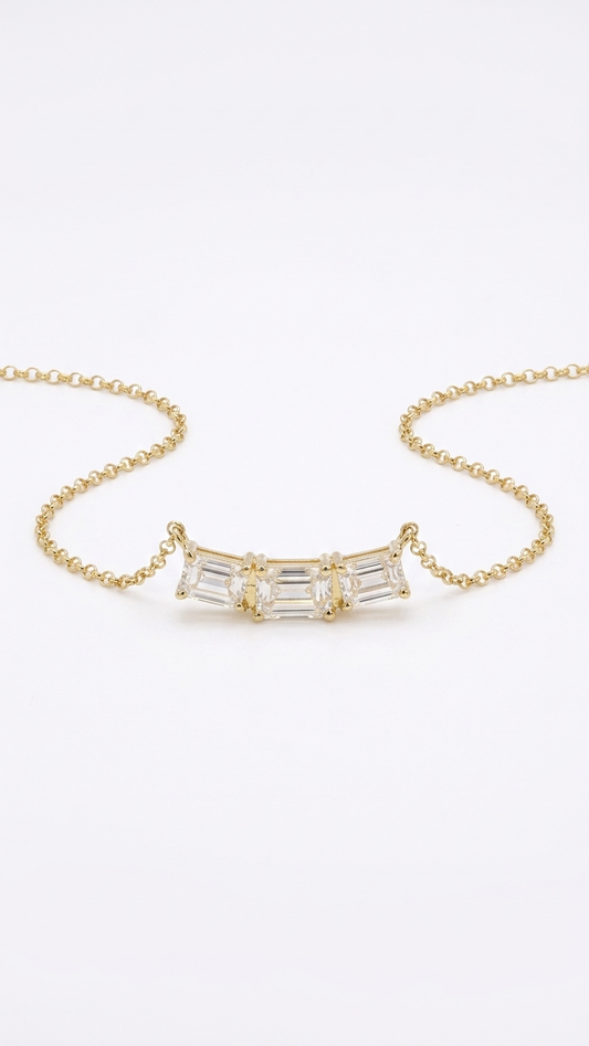 Roux yellow gold necklace with baguette cut lab grown diamonds on white, Luma Jewellery