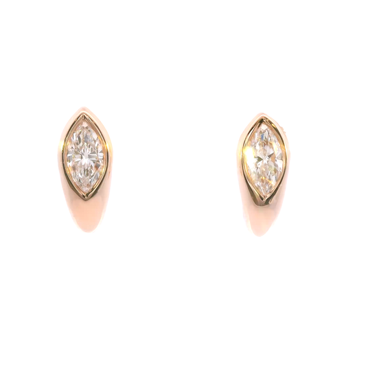Rose gold earrings with marquise-shaped diamonds on a white background