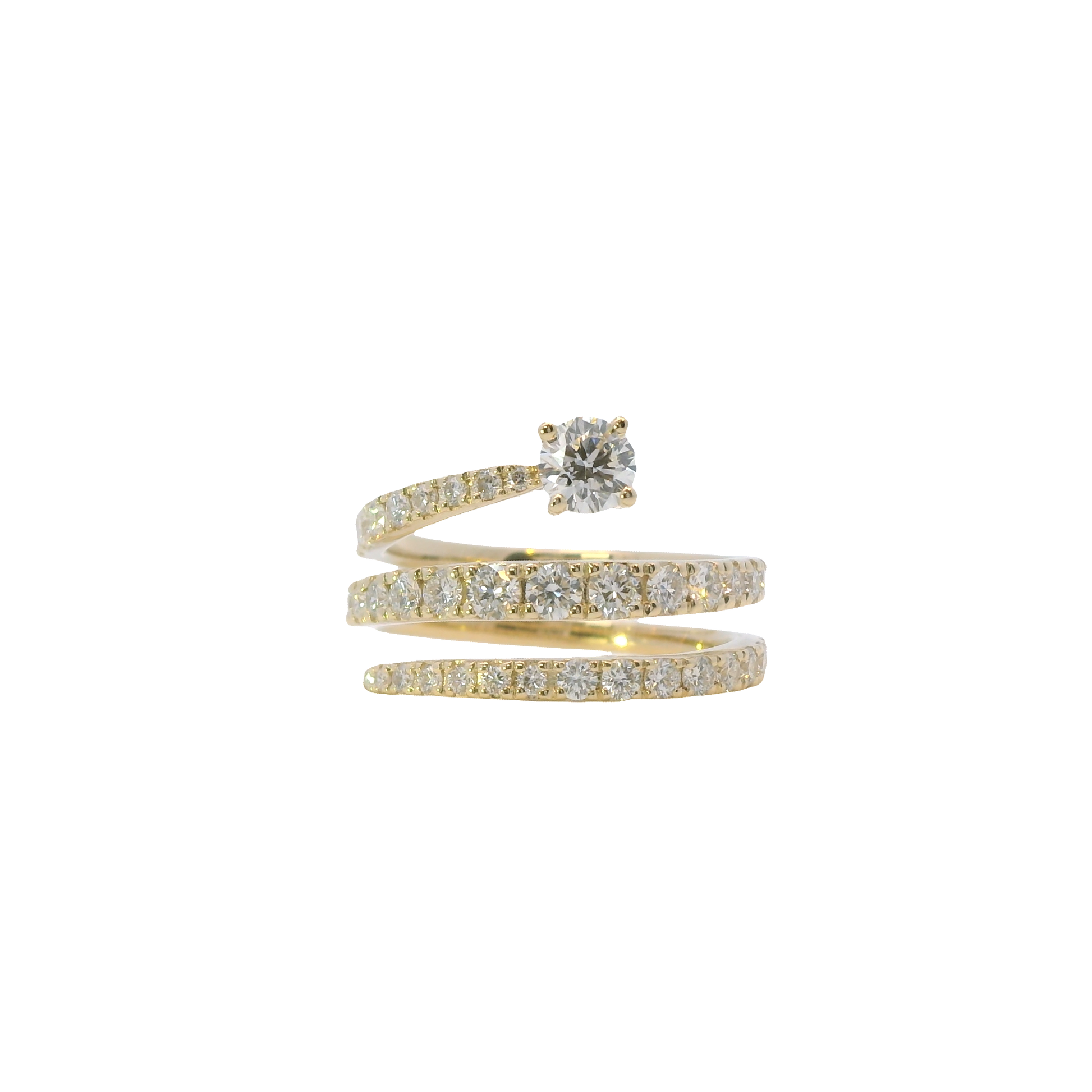 Gold spiral ring with embedded diamonds on a white background
