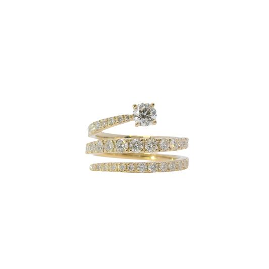 Gold spiral ring with embedded diamonds on a white background