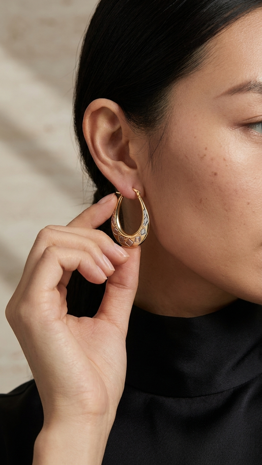 Vita 9k yellow gold creole earrings worn, close up, Luma Jewellery