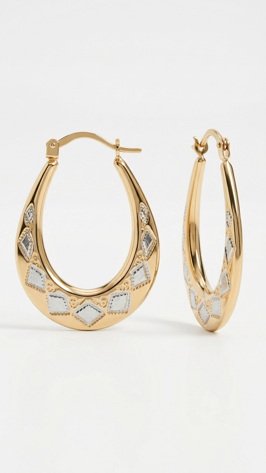 Vita 9k yellow gold oval creole earrings with two colour gold detail on white, Luma Jewellery